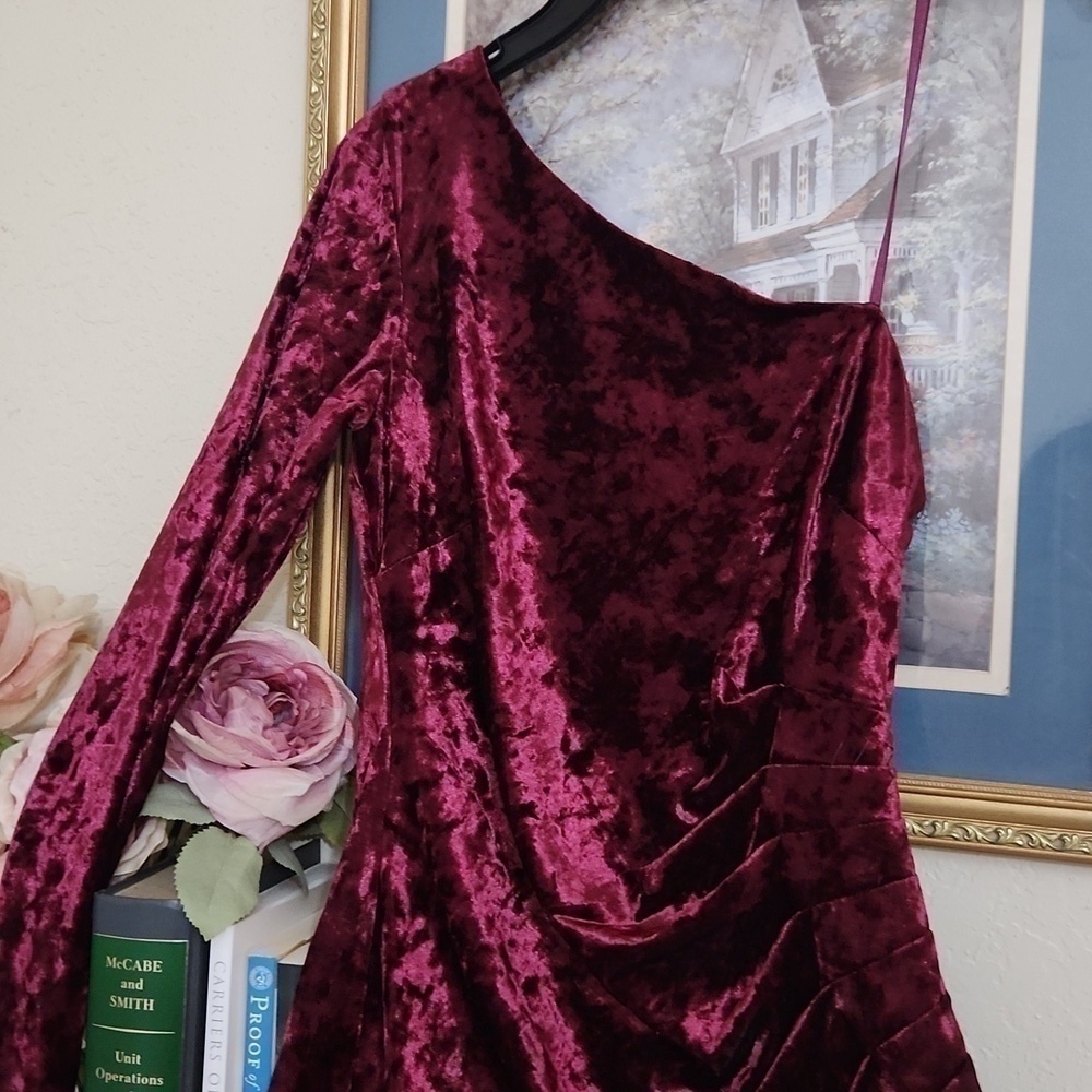 Eliza J Velvet Wine color One Sleeve Dress Date Night Formal Sexy Flirty - Picture 5 of 11